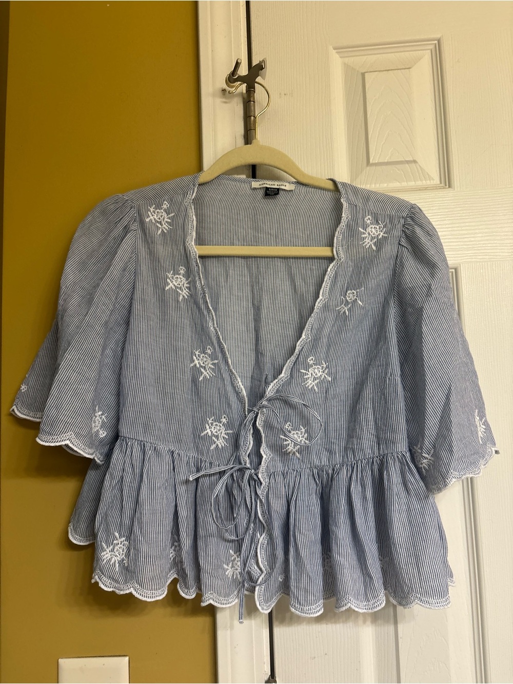 American Eagle Blue Striped Embroidered Peplum Tie-Front Top